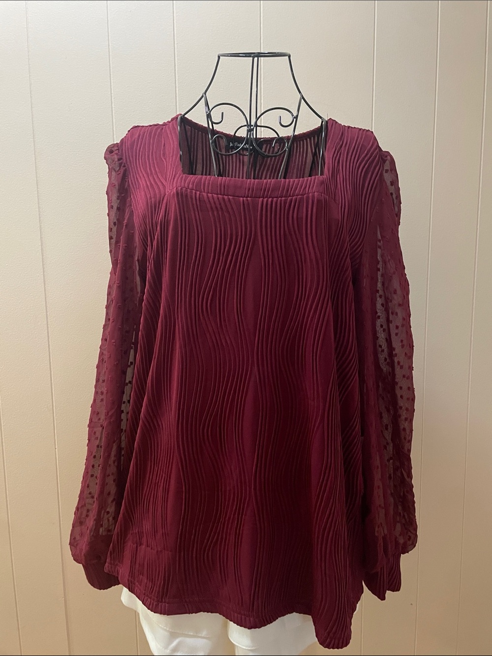 Just Fabulous Now Burgundy Square-Neck Textured Blouse with Sheer Dotted Sleeves